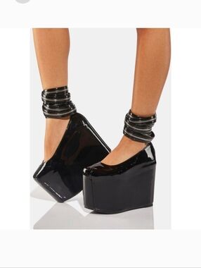 Black Patent Platform Wedge Pumps with Zip-Detail Ankle Cuffs